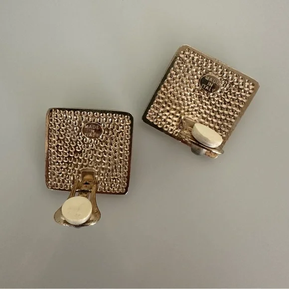 Vintage Italian Cloissoné Mosaic Square Clip-on Earrings in Gold, Green, Ivory